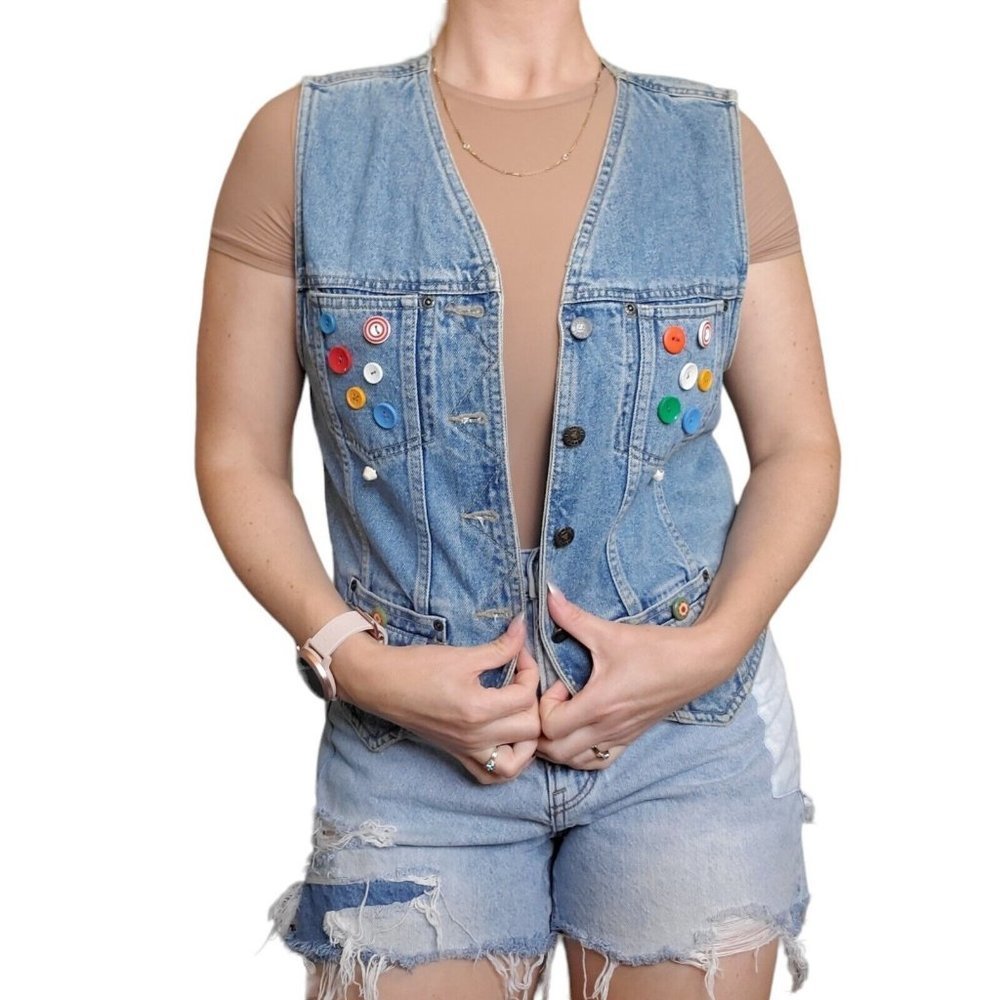 Vintage 80s 90s‎ Boho Denim Jean Vest Multi-color Button Accents Pockets Small
